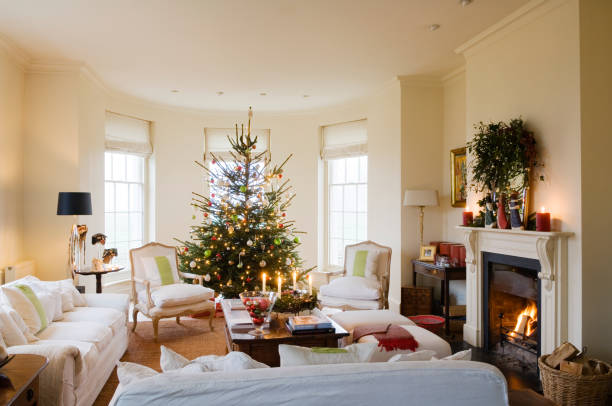 19th century farmhouse conversion decorated for christmas - home decoration stock pictures, royalty-free photos & images
