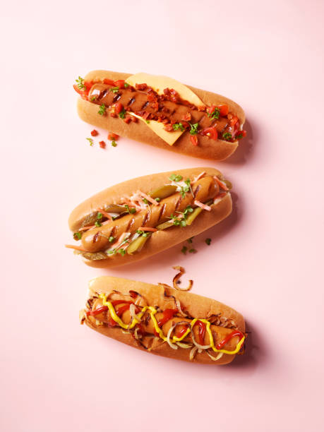 3 varieties of hotdogs - junk food stock pictures, royalty-free photos & images