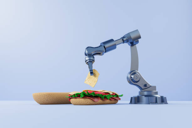 3d illustration of industrial robot making sandwich - food photos et images de collection