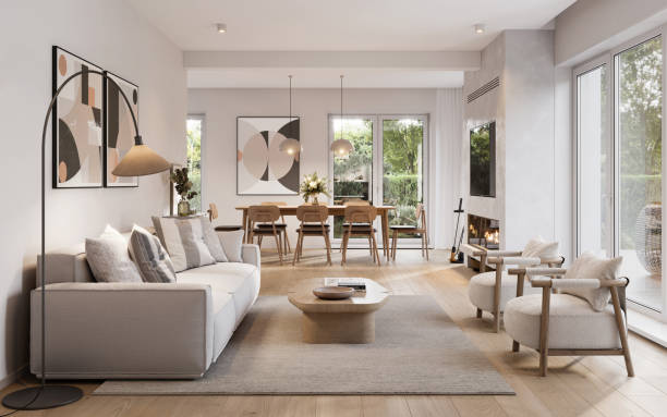 3d render of a contemporary living room interior - home decoration stock pictures, royalty-free photos & images