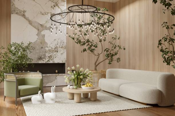3d rendered living room with easter decoration - home decoration stock pictures, royalty-free photos & images