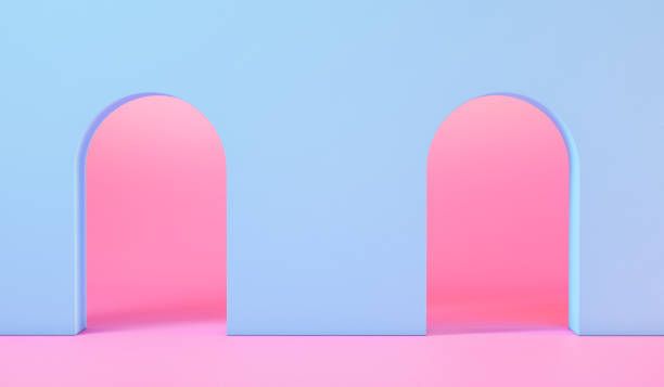 3d rendering blue arch gate pink floor background - home decoration stock pictures, royalty-free photos & images