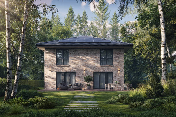 3d rendering of a forest bungalow surrounded by trees on a summer day - garden decoration stock pictures, royalty-free photos & images