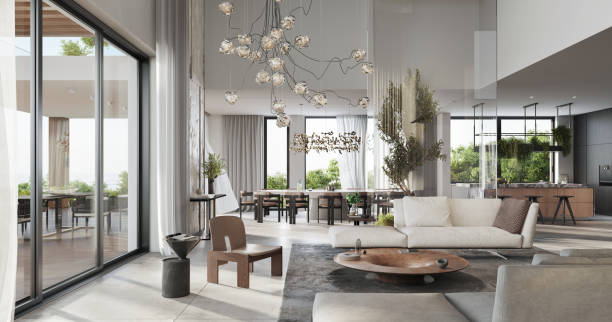 3d rendering of a full furnished living room - home decoration stock pictures, royalty-free photos & images