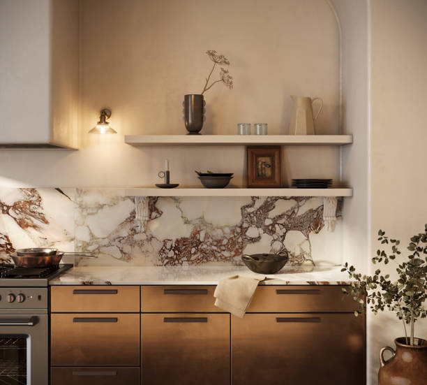 3d rendering of a kitchen interior design with marble stone wall - home decoration stock pictures, royalty-free photos & images