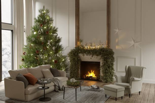 3d rendering of living room with christmas decoration - home decoration stock pictures, royalty-free photos & images