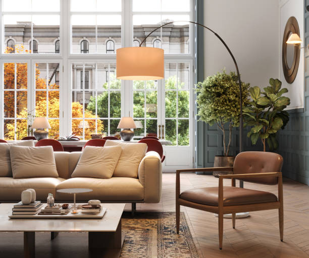 3d rendering of luxurious interiors of an old style living room - garden decoration stock pictures, royalty-free photos & images