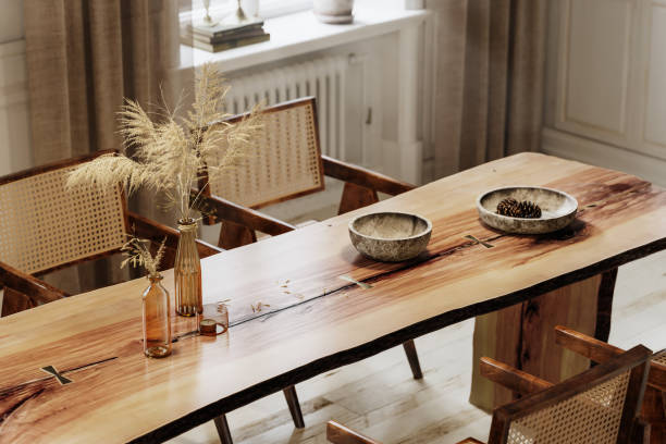 3d rendering of rough edge plank dining table - home decoration stock pictures, royalty-free photos & images