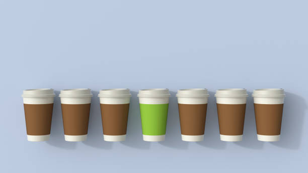 3d rendering, row of disposable coffee cups with a green outsider - junk food stock illustrations