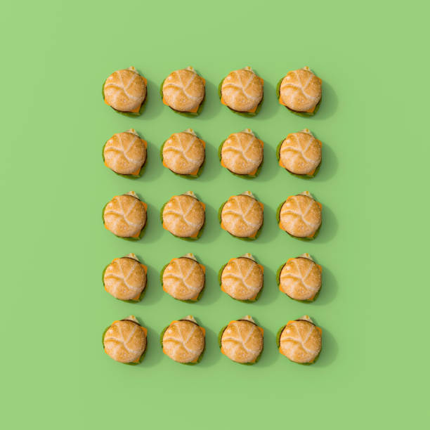 3d rendering, rows hamburgers of on green background - junk food stock illustrations