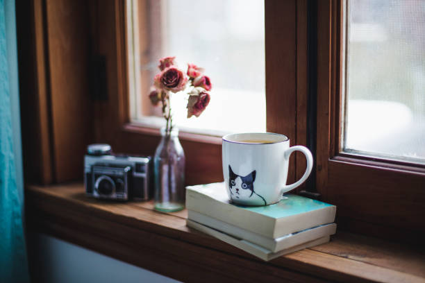a cup of tea on books with dried roses on a window sill - home decoration photos et images de collection