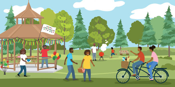a group of people celebrating the juneteenth holiday in the park - garden decoration stock illustrations