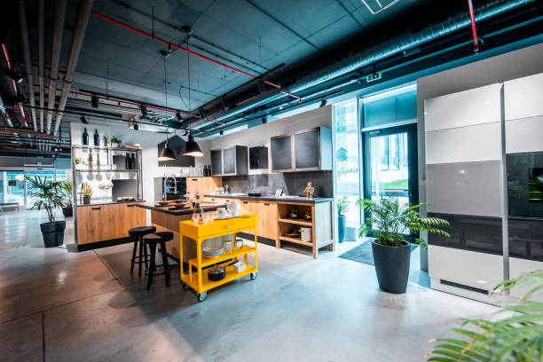 a modern interior kitchen design set up in a home improvement store - home decoration stock pictures, royalty-free photos & images