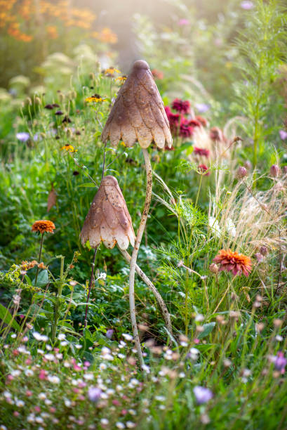a pretty garden feature of two metal brown mushrooms in an english country garden - garden decoration stock pictures, royalty-free photos & images