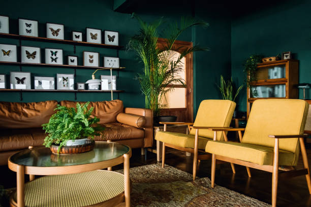 a stylish living room interior with brown and yellow coloured furniture and wooden elements with dark green coloured wall. decorated with plants and butterfly specimen - home decoration stock pictures, royalty-free photos & i