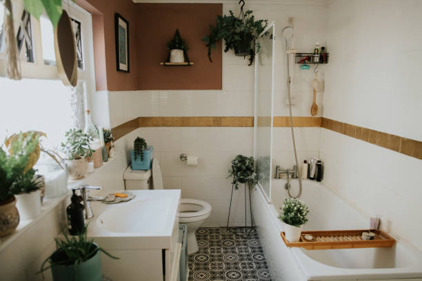 a stylish, tidy, organised domestic bathroom - home decoration stock pictures, royalty-free photos & images