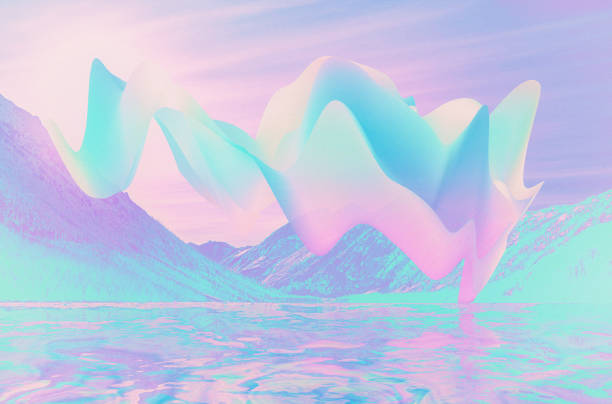abstract curved wave foil shape 3d render on blue sky background neon light in the violet nature mountain and lake sky, futuristic abstract background, pastel colored neon water surface. calm space of metaverse - fashion stoc
