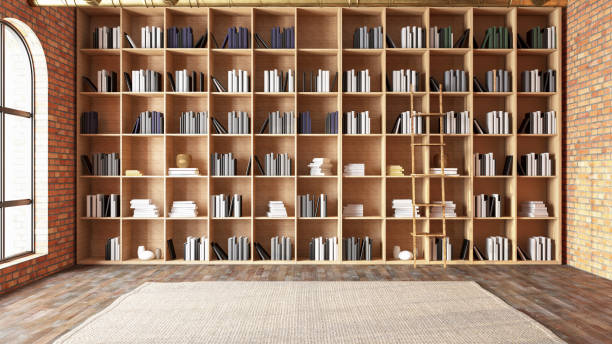 accueil bibliothèque concept étagères en bois remplies de livres - home decoration photos et images de collection