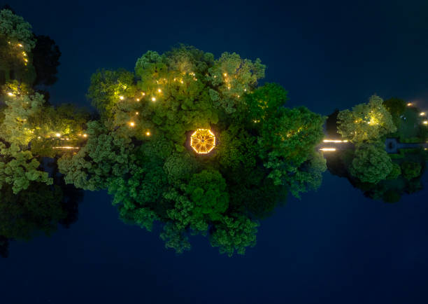 aerial photography of night view of traditional buildings along the waterside corridor - garden decoration stockfoto's en -beelden
