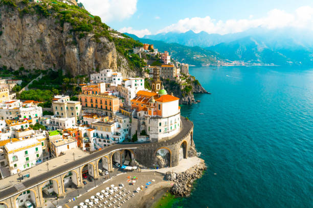 aerial view of the stunning amalfi coast with road and the atrani town with arched road in italy - travel stock-fotos und bilder