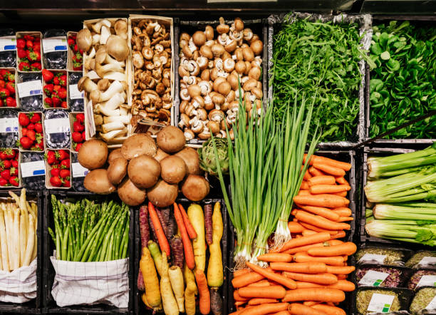 aerial view of various vegetables at supermarket - food stock pictures, royalty-free photos & images