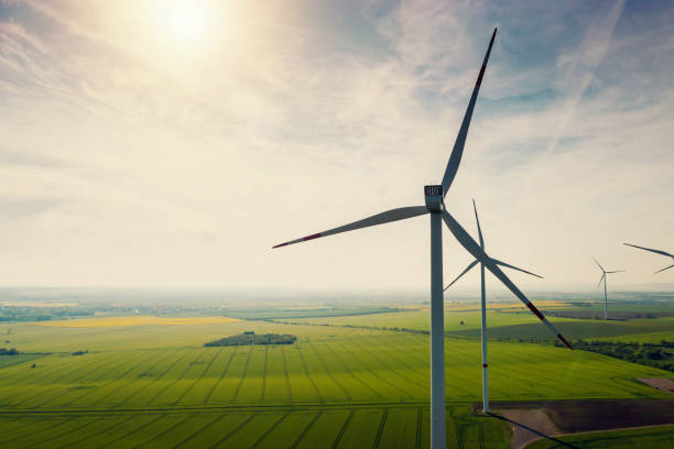 aerial view of wind turbines and agriculture field - food stock pictures, royalty-free photos & images