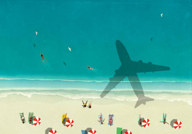 aerial view shadow of airplane flying over tourists on sunny ocean beach - travel stock illustrations