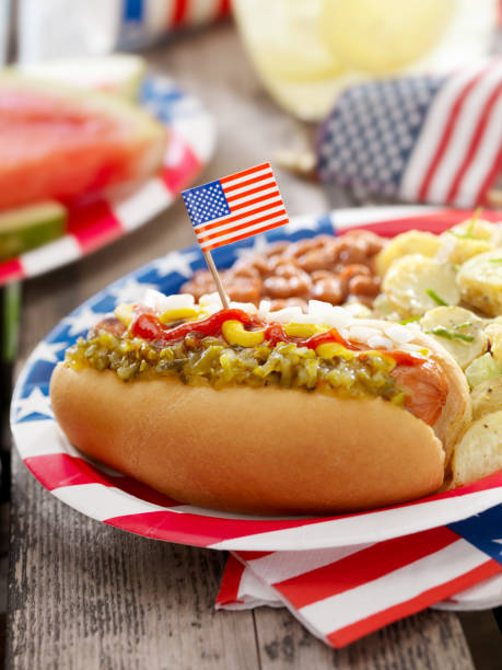 all american hotdog with lemonade - garden decoration stock pictures, royalty-free photos & images