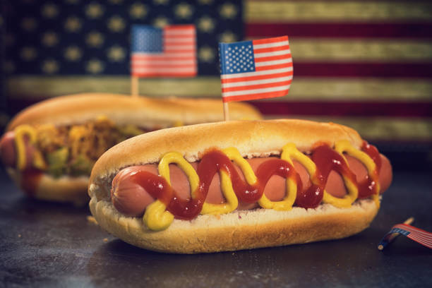 american hotdog for 4th of july - junk food stock pictures, royalty-free photos & images