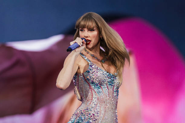 American singer and songwriter Taylor Swift performs on stage as part of her Eras Tour in Lisbon on May 24, 2024.
