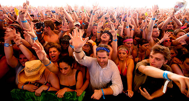 an ecstatic crowd of cheering fans at music festival - concert stock pictures, royalty-free photos & images