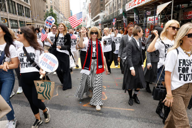 Anna Wintour marches up Broadway with the Council of Fashion Designers of America during the Fashion for Our Future March on September 06, 2024 in...