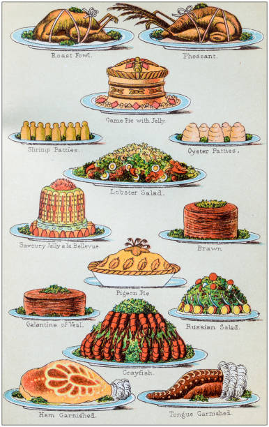 antique recipes book engraving illustration: supper dishes - food stock illustrations