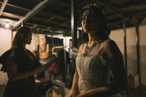 anxious chinese female opera singer at backstage waiting to performing solo on stage - concert stock pictures, royalty-free photos & images
