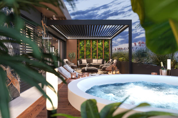 appartement de luxe terrasse avec jacuzzi bain à remous - home decoration photos et images de collection