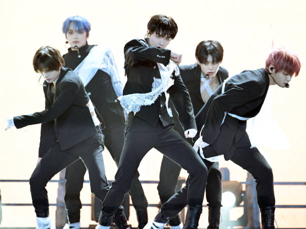 April 01: TXT attends TXT's new mini album 'minisode 3: TOMORROW' showcase at Hwajung Fitness Center in Seongbuk-gu on April 01, 2024 in Seoul, South...