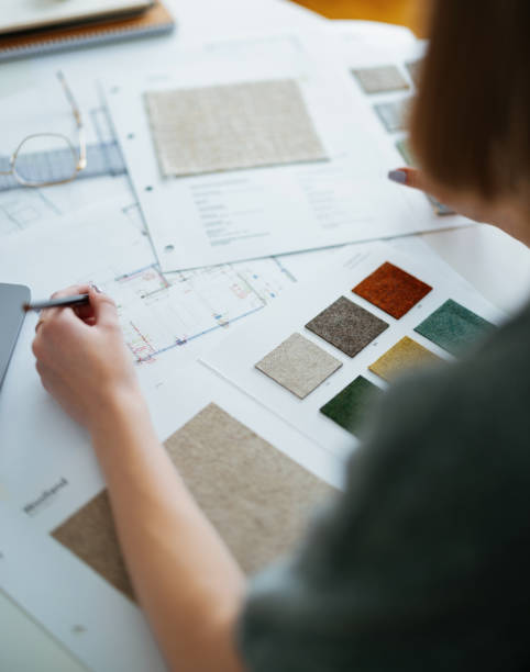 architect designing material samples in creative design studio for project planning - home decoration stock pictures, royalty-free photos & images