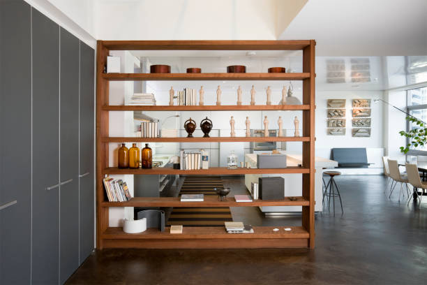 art objects on wooden shelving - home decoration stock pictures, royalty-free photos & images