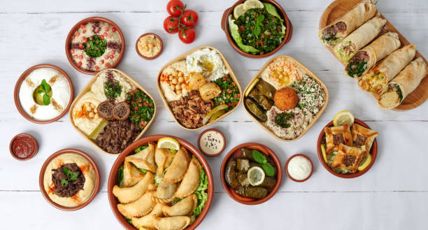 assortment of lebanese dishes - food stockfoto's en -beelden