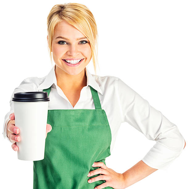 attractive young barista with coffee to go - junk food stock pictures, royalty-free photos & images
