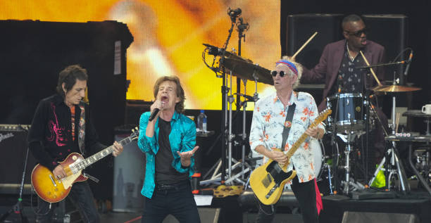 August 2022, Berlin: Ron Wood , Mick Jagger and Keith Richards of the band Rolling Stones perform during the anniversary tour "Sixty" at the...