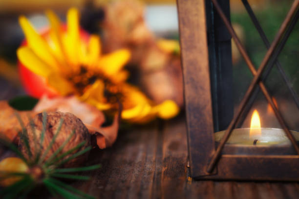 autumn decoration - vintage lantern - garden decoration stock pictures, royalty-free photos & images