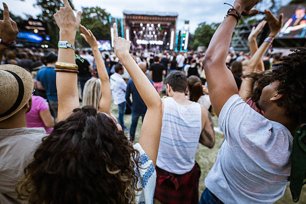 back view of large group of friends having fun on music concert. - concert stock pictures, royalty-free photos & images