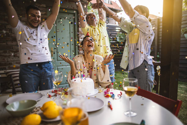 backyard birthday party - garden decoration stock pictures, royalty-free photos & images