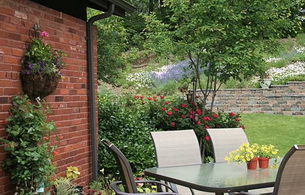 backyard dinind in a garden - garden decoration stock pictures, royalty-free photos & images