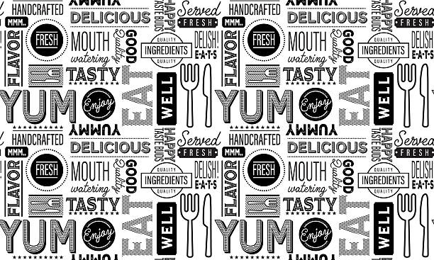bar or restaurant seamless pattern background with typography and dining elements - food stock illustrations