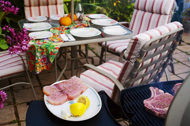 barbecue scene, outdoor table and chairs, setup for meal, barbecue grilling in foreground. - garden decoration stock pictures, royalty-free photos & images