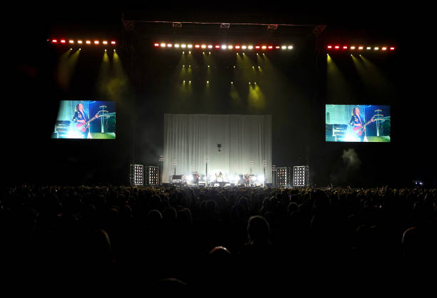 Bassist/keyboardist Sam Kiszka, singer Josh Kiszka, drummer Danny Wagner and guitarist Jake Kiszka of Greta Van Fleet perform at Allegiant Stadium on...