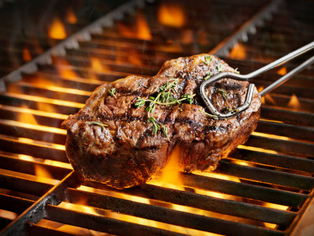 bbq sirloin steaks with fresh thyme - food stock pictures, royalty-free photos & images