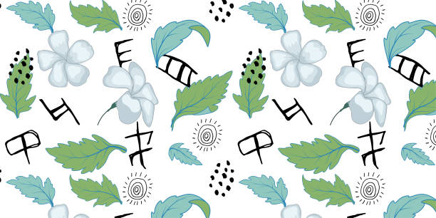 beach cheerful seamless pattern wallpaper of tropical dark green leaves of palm trees and flowers bird of paradise (strelitzia) plumeria on a light yellow background - garden decoration stock illustrations